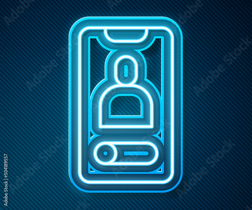 Glowing neon line Incoming call on mobile phone icon isolated on blue background. Friends call. Vector