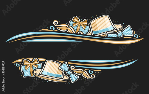Vector border for Father's Day with empty copyspace for congratulation text, horizontal decorative ticket with illustration of mans hat, cartoon bow tie, gift boxes for fathers day on dark background