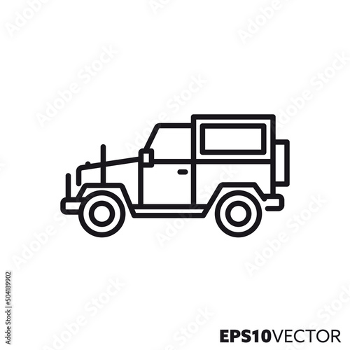 Military offroad vehicle vector line icon