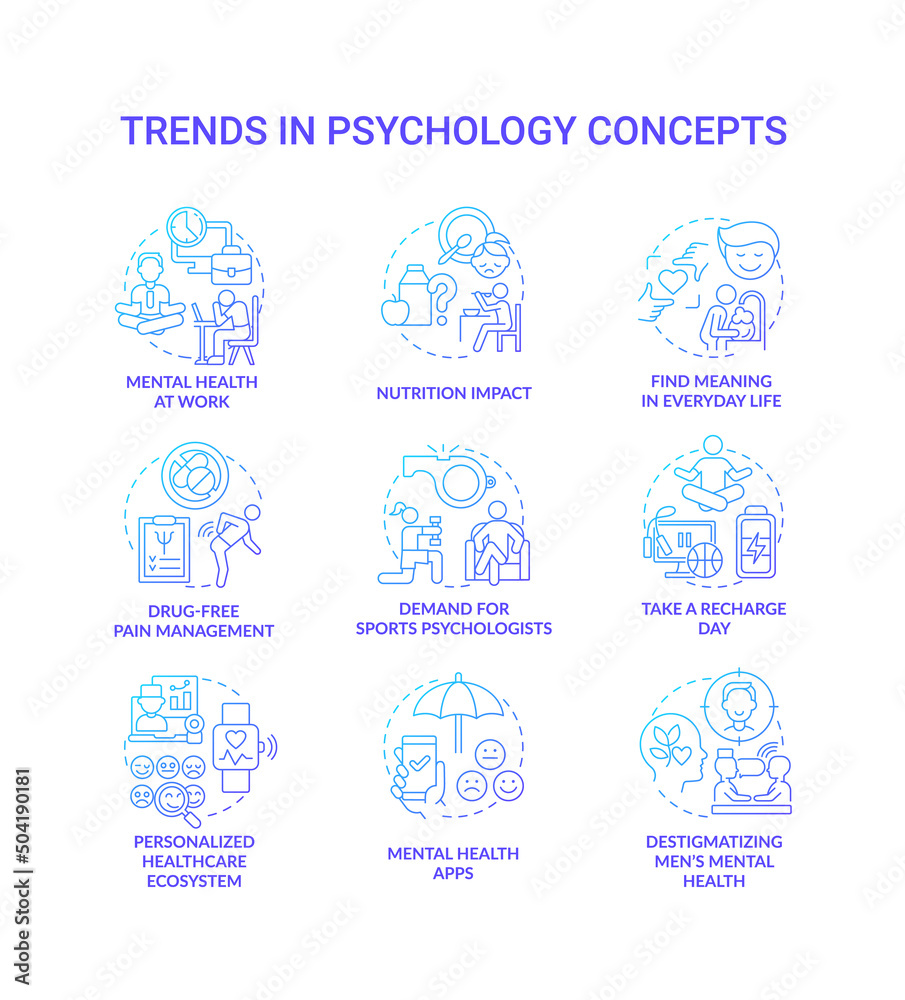 Trends in psychology blue gradient concept icons set. Innovations in mental health idea thin line color illustrations. Isolated symbols. Editable stroke. Roboto-Medium, Myriad Pro-Bold fonts used