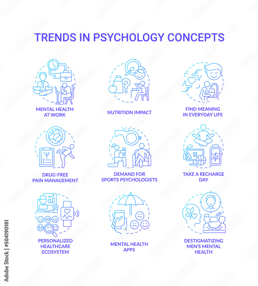 Fototapeta premium Trends in psychology blue gradient concept icons set. Innovations in mental health idea thin line color illustrations. Isolated symbols. Editable stroke. Roboto-Medium, Myriad Pro-Bold fonts used