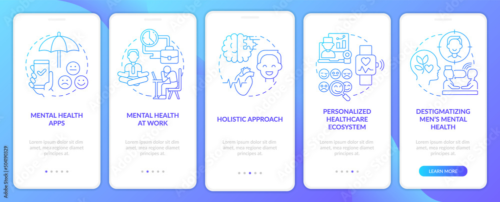 Mental health improving blue gradient onboarding mobile app screen. Walkthrough 5 steps graphic instructions pages with linear concepts. UI, UX, GUI template. Myriad Pro-Bold, Regular fonts used