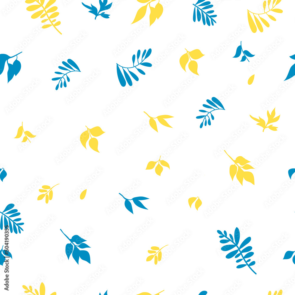 Graphic seamless pattern with blue and yellow branches. Vector illustration.