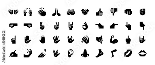 All types of hand emojis, stickers, emoticons flat vector illustration symbols set, collection. Hands, handshakes, muscle, finger, fist, direction, like, unlike, fingers