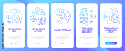 Mental health improving blue gradient onboarding mobile app screen. Walkthrough 5 steps graphic instructions pages with linear concepts. UI, UX, GUI template. Myriad Pro-Bold, Regular fonts used