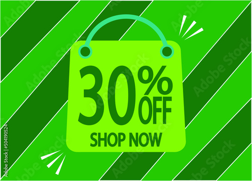30 percent discount. 30% off discount green banner with floating bag for promotions and offers.
