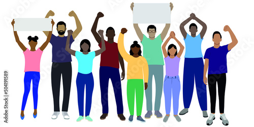 Set of black girls and guys drawn in full length with arms raised above their heads, flat vector on white background, faceless illustration