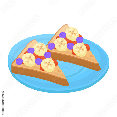 Blueberry Banana French Toast Concept, thick bread puddings with fresh fruits vector color icon design, Cooking breakfast symbol, Morning Meal Dishes Sign, Restaurant or cafe menu stock illustration 