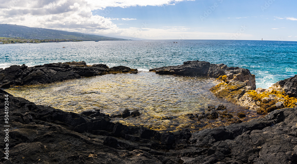 Tide Pool On The Volcanic Shoreline of Keiki Beach, Kailua-Kona, Hawaii Island, Hawaii, USA