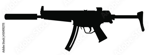 Gun icon isolated. Machine gun. Firearms. Submachine gun black sign. Vector illustration. Rifle icon