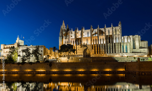 Vista noctuna de la catedral de Palma de Mallorca, desde el Parque del Mar.