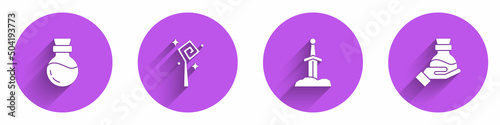Set Bottle with potion, Magic staff, Sword in the stone and icon with long shadow. Vector