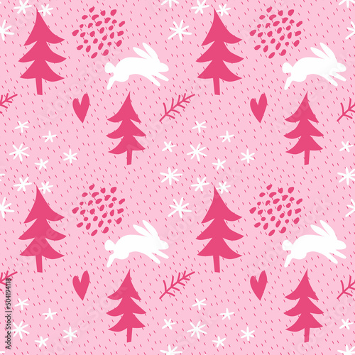 Cute kids pattern with rabbits in winter forest.