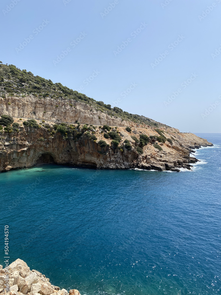 Panoramic tropical sea, cove and beach landscape from Kas, Antalya, Turkey. Holiday, travel and tourism concept. Finike - Demre.