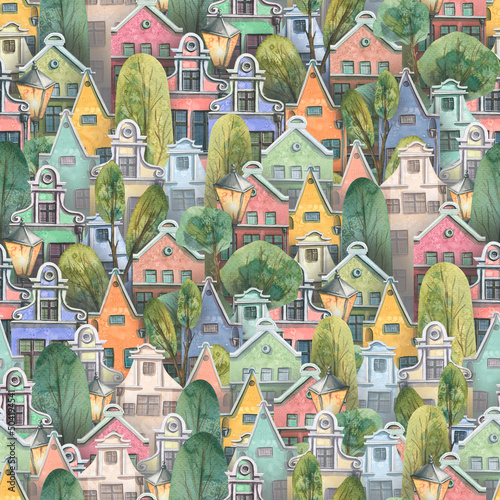 European, different houses of the old town with trees, lanterns. Dense seamless pattern. Multicolored, watercolor illustration. For textiles, fabrics, clothing, wallpaper, scrapbooking, paper.
