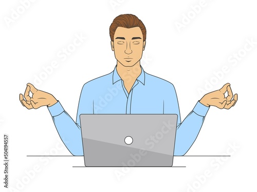 A man meditating in front of a laptop in office clothes with his eyes closed. Vector illustration in comic style isolated on white background