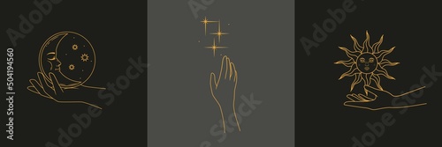 Collection of celestial cards with sun, moon and stars on dark background. Vector illustration in retro style