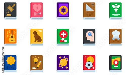 Set of Vector Icons Related to Books. Contains such Icons as Law Book, Love Book, Magic Book , Math Book, Music Book, Travel Book and more.