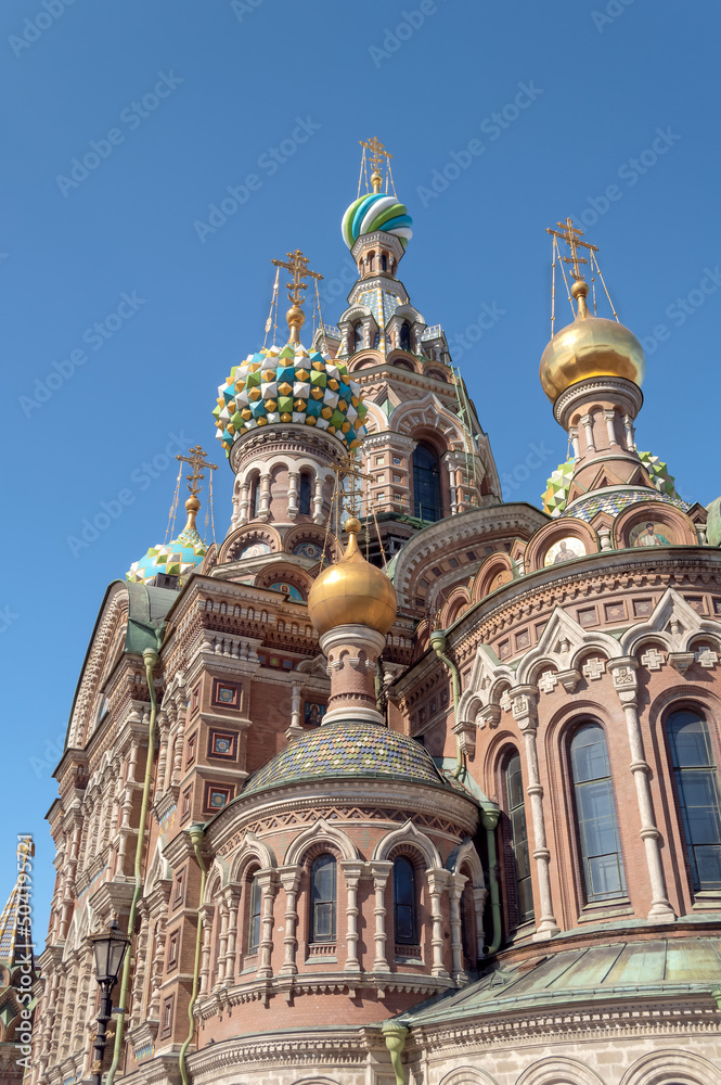 Domes of the Cathedral of the Resurrection of Christ or the Savior on Spilled Blood in St. Petersburg.