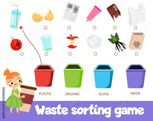 Garbage sorting educational children game. Match trash with bin Sorter activity for kids