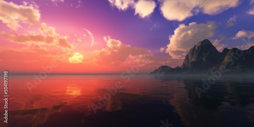 Ocean panorama sunset, seascape panoramic, 3D rendering