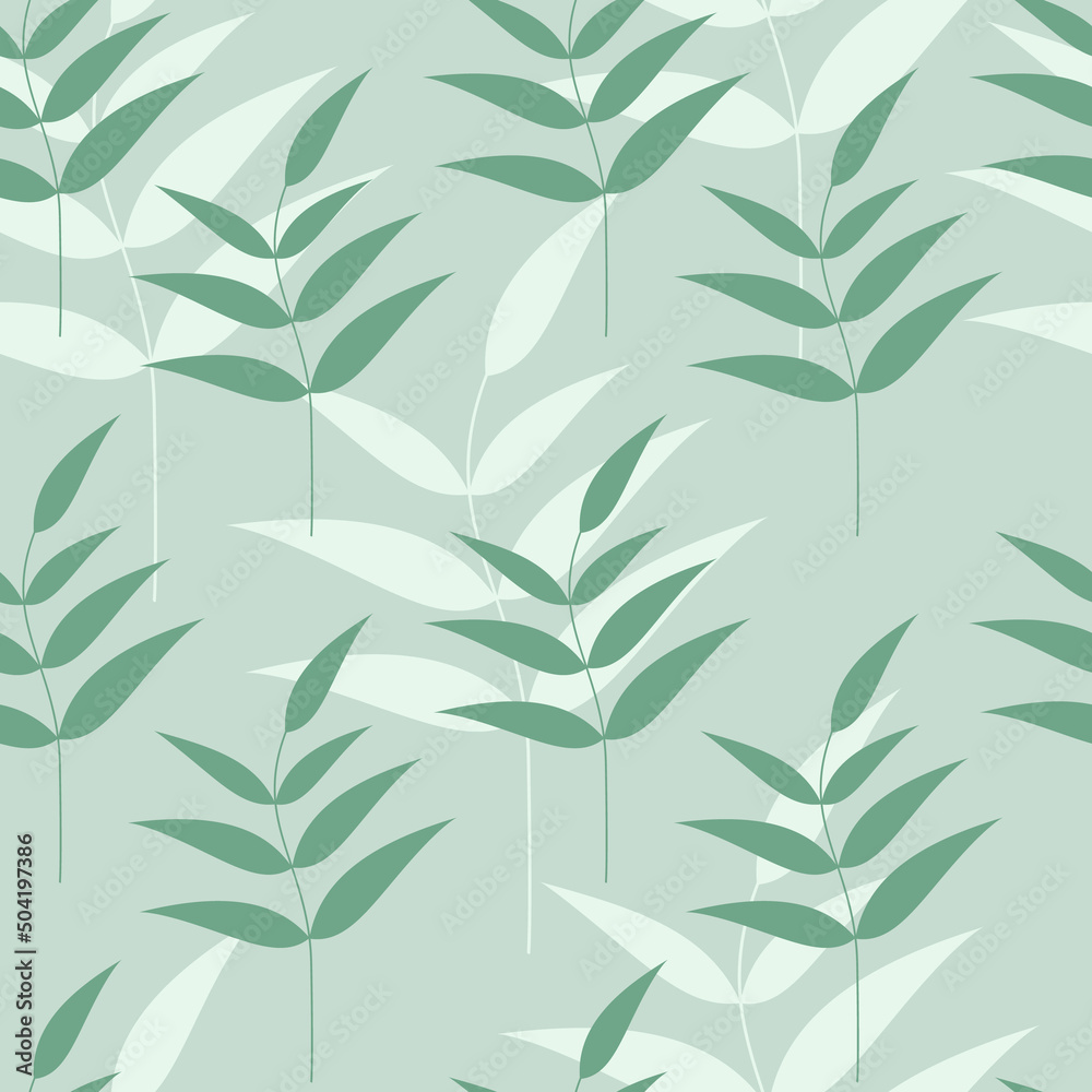 Branch silhouette vector seamless pattern illustration. Green leaves background. Summer floral wallpaper. Botanical  backdrop. Template for print, design, banner, card.