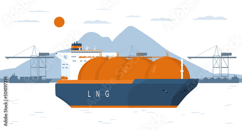 Gas carrier ship enters the port. Vector illustration.