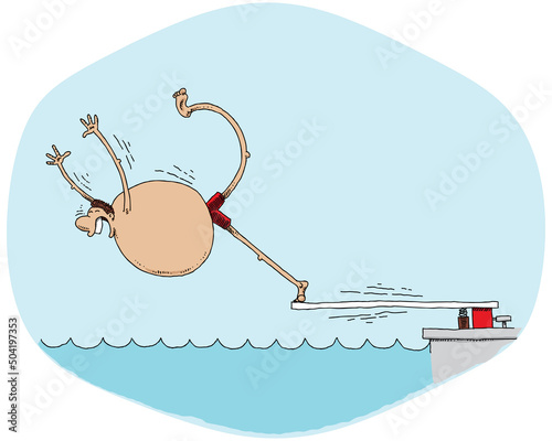 A happy cartoon man diving from the tip of a diving board into water.
