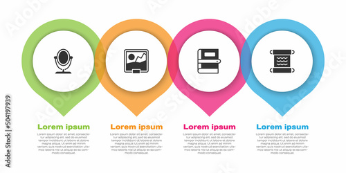 Set Round makeup mirror, Picture, Book and Papyrus scroll. Business infographic template. Vector