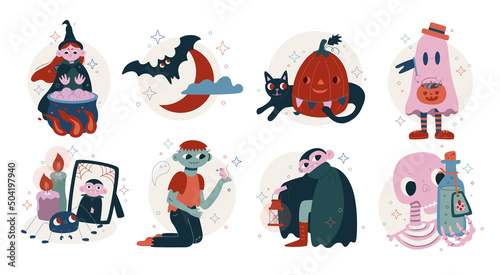 Set vector flat cute cartoon illustrations. Halloween illustrations.