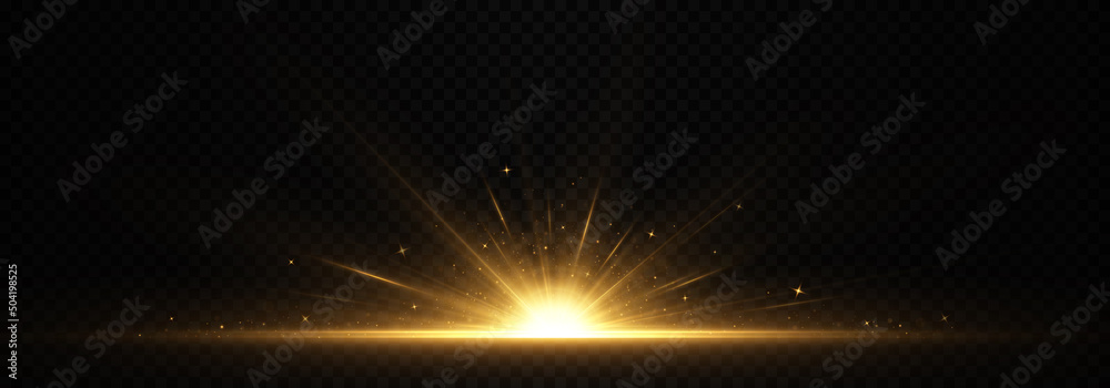 Horizontal burst of exploding stars. Bright light rays. Golden flare, light and spark.