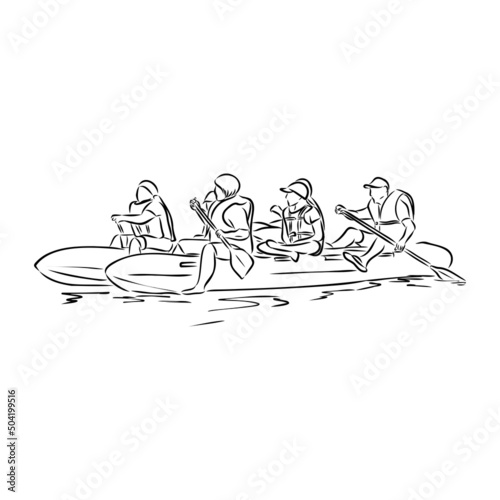 Hand sketch of people on a raft rafting vector