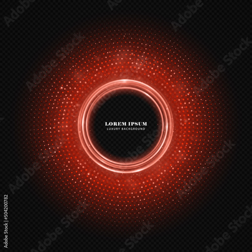 Abstract luxury red circle shape with glitter dots on dark background. Shine circle halftone dots. Holiday banner design.