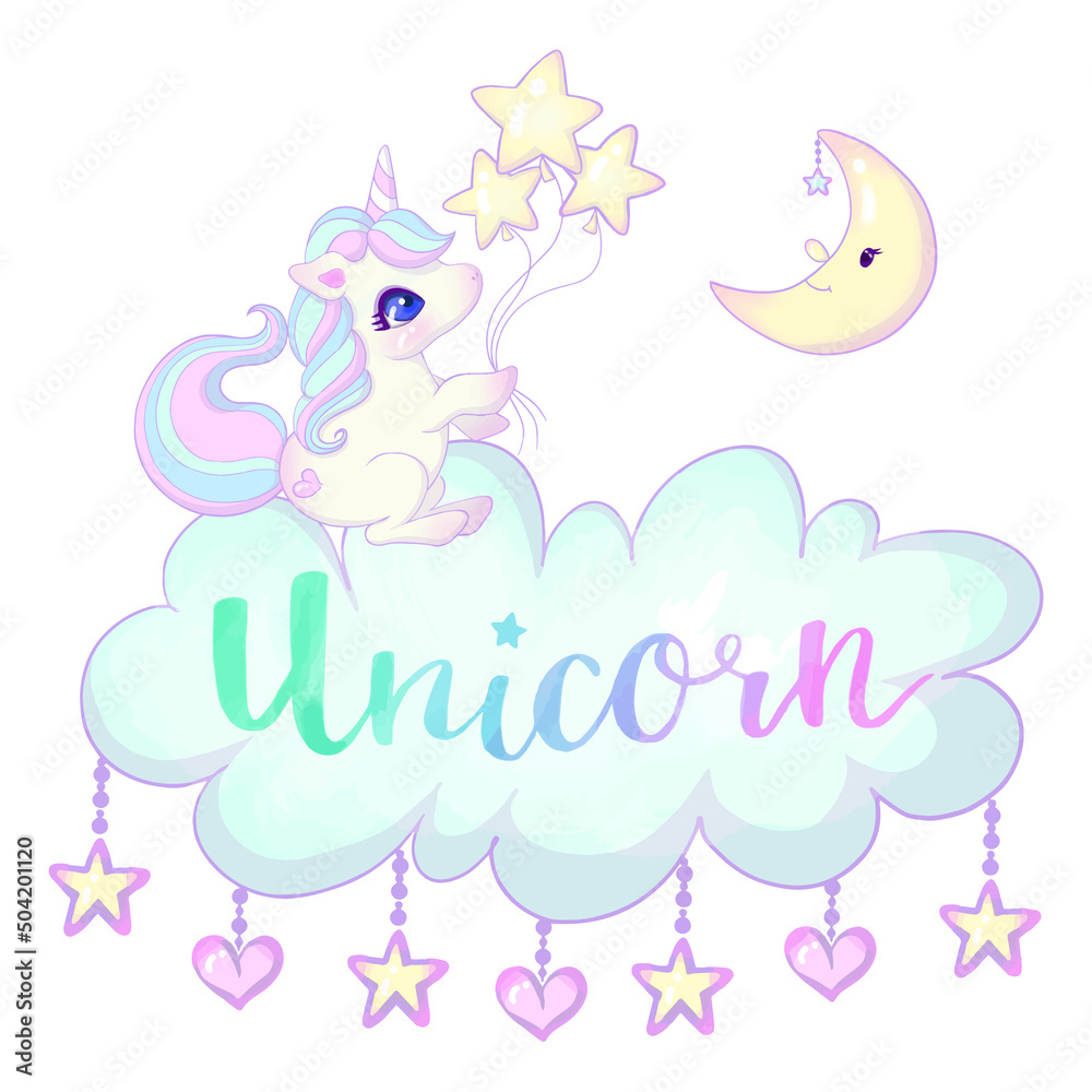 Cute unicorn vector illustration with rainbow color logo and cloud in a night sky.