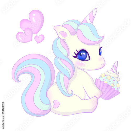 Cute unicorn with horn cupcake vector illustration with pretty hearts.