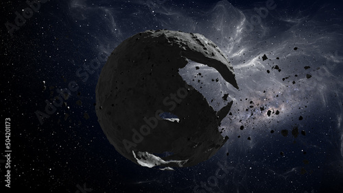 3D rendering of deep space with Dead Hollow planet and asteroids surrounding
3d illustration