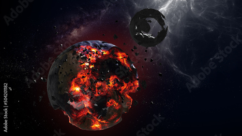 3D rendering, cinematic view of Earth and the moon dying after massive space event 3d illustration