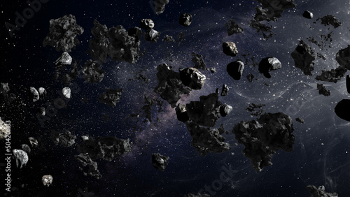 3D rendering of deep space with massive asteroid field flying ,
Large Asteroid Rocks Flying in space, Milky way Meteors rotating in deep space
3d illustration