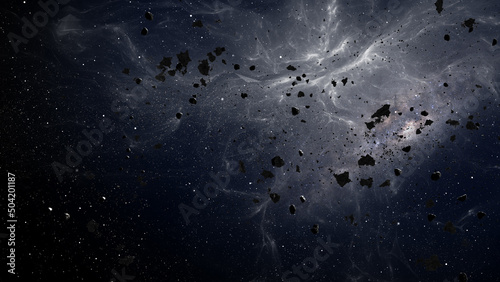 3D rendering of deep space with massive asteroid field flying , Large Asteroid Rocks Flying in space, Milky way Meteors rotating in deep space 3d illustration