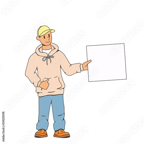 A young man holds in his hand a blank advertising banner for text and shows a thumbs up.Space for advertising or other information.Stock vector illustration of a man with a poster.Isolated background.