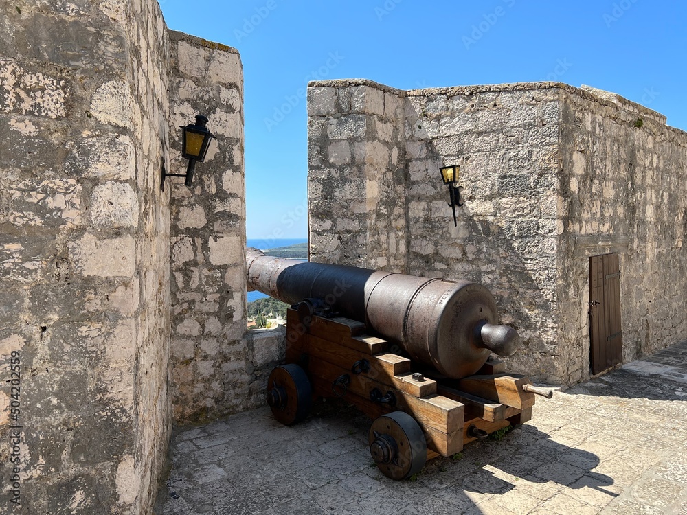 Old cannon in the Fortica Fortress in Hvar, Croatia