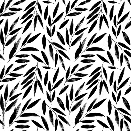 Black leaves vector seamless pattern. Abstract decorative botanical ornament. Hand drawn ink illustration with black leaves. Floral organic background. Olive hand drawn black twigs