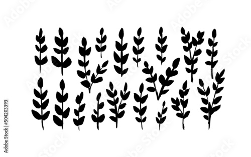 Small leaves vector silhouettes. Black leaves and branches isolated on white background. Hand drawn small botanical elements painted with black ink and brush. Abstract rustic twigs or sprigs.