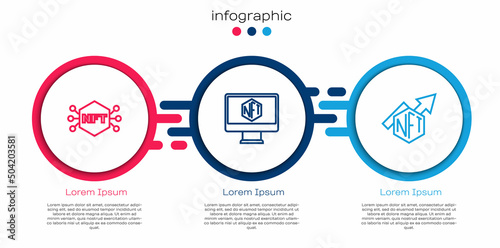 Set line NFT Digital crypto art, Monitor with store app and growth bar chart. Business infographic template. Vector