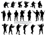 Army silhouette of men soldiers with weapons, a large military vector set