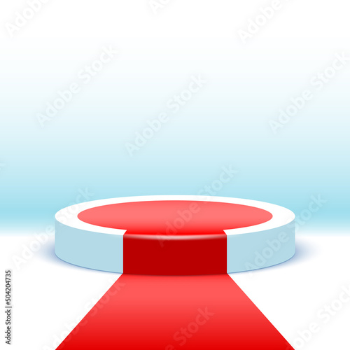 White round podium with red carpet. Blank pedestal. Products display platform. Stage for awards ceremony. Vector illustration. (ID: 504204735)