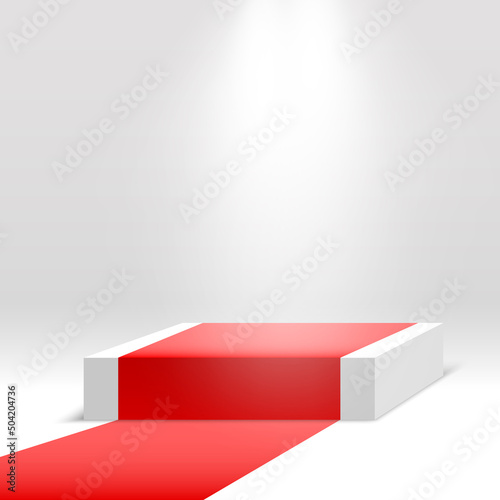 White square podium with red carpet. Blank pedestal with spotlight. Products display platform. Stage for awards ceremony. Vector illustration. (ID: 504204736)