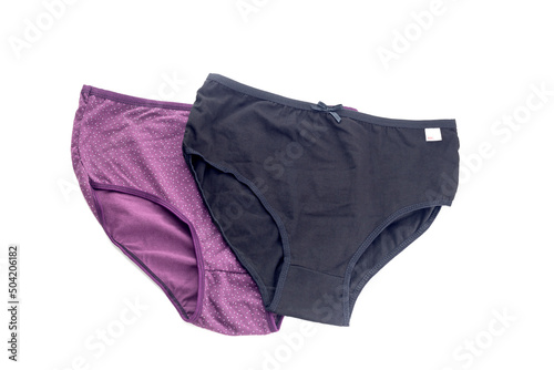 Female black and purple panties on a white background