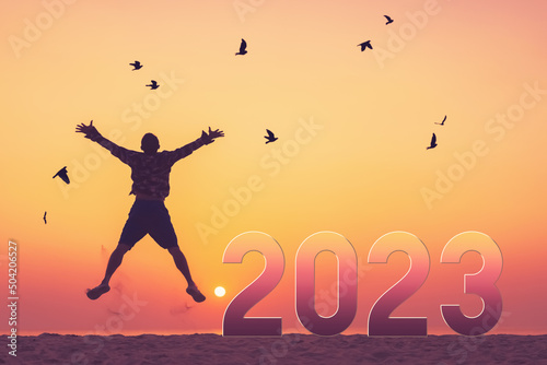 Silhouette man jumping and birds flying with number like 2022 at tropical beach on sunset sky abstract background. © tonktiti