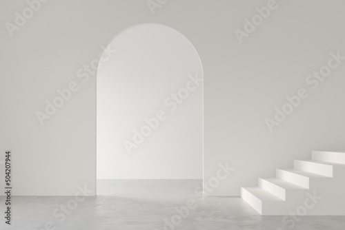 3D render empty white room with arch door wall design and concrete floor, corridor with stair, perspective of minimal design. Illustration
